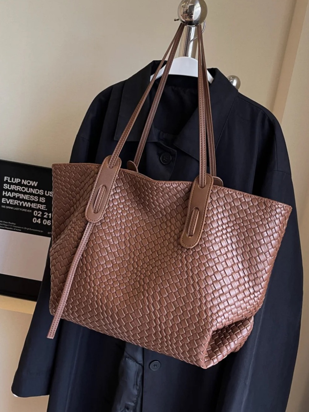 Woven Leather Tote Bag - Brown